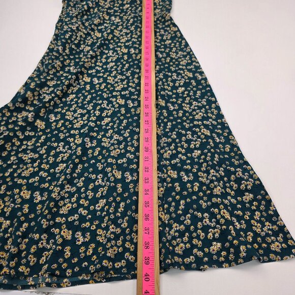 Womens L Green Yellow Floral Print Midi Dress w/Sweetheart Neckline &‎ Tie Back - Picture 13 of 13